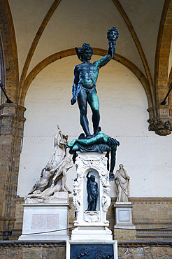 Perseus with the head of Medusa, a bronze sculpture by Benvenuto Cellini, is one of the most famous statues in Piazza della Signoria in Florence. Italy; Europe.