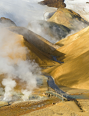 Landscape in the geothermal area Hveradalir in the mountains Kerlingarfjoell in the highlands of Iceland. Europe, Northern Europe, Iceland, August