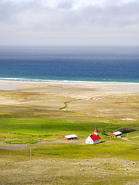 Settlement and beach at Breidavik. The remote Westfjords (Vestfirdir) in north west Iceland. Europe, Scandinavia, Iceland