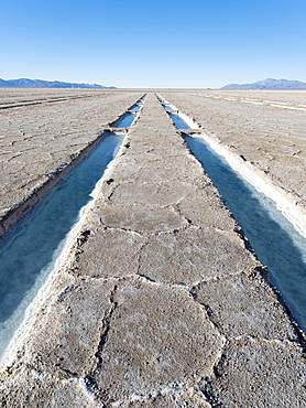 Salt processing area open to visitors Landscape on the salt flats Salar Salinas Grandes in the Altiplano. South America, Argentina