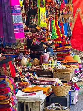 Market for tourists. Town Tilcara in the canyon Quebrada de Humahuaca. The Quebrada is listed as UNESCO world heritage site. South America, Argentina, November