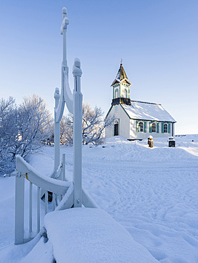 The church of Thingvellir in the Thingvellir National Park in Iceland during winter. Thingvellir is listed as UNESCO world heritage site. europe, northern europe, scandinavia, iceland, February