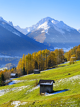 Autumn at the Telfer Wiesen in the valley Stubai, Mount Habicht in the background. Europe, Central Europe, Austria, Tyrol