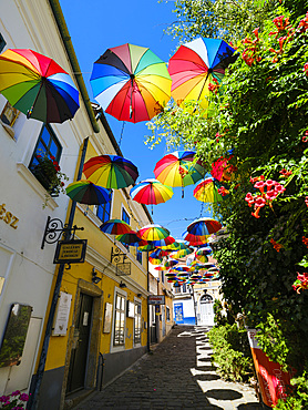 Alley of the Old Town with umbrellas. The town Szentendre near Budapest. Europe, East Europe, Hungary