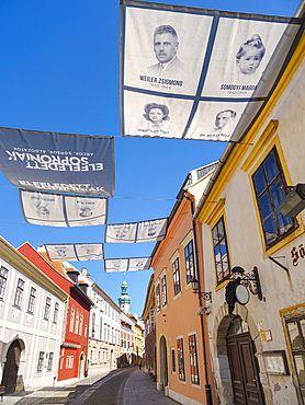 The Old Synagogue (O-Szinagoga) with pictures of victims of the persecution of Jews. Sopron in Transdanubia in the west of Hungary close to the border with Austria. Europe, Eastern Europe, Hungary