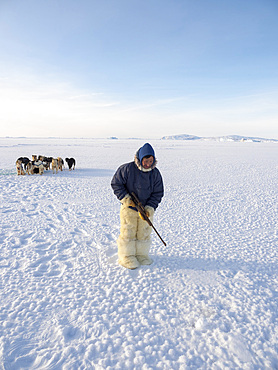 Watching a breathing hole of a seal. Inuit hunter wearing traditional trousers and boots made from polar bear fur on the sea ice of the Melville Bay near Kullorsuaq in North Greenland. North America, danish teritorry