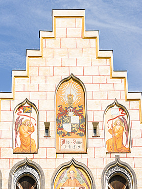 Facade of historic town hall with typical stepped gable dating back to late gothic The medieval old town of Wasserburg am Inn in the Chiemgau region of Upper Bavaria, Europe, Germany, Bavaria