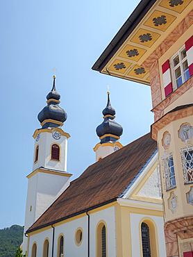 The church. Aschau in the Chiemgau in the bavarian alps. Europe, Germany, Bavaria