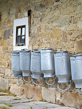 Old milk churn at a historic farmhouse. Open Air Museum Finsterau, Bavarian Forest, Germany, Europe