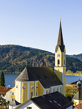 Lake and village Schliersee in the bavarian Alps. Europe, Central Europe, Bavaria, Germany