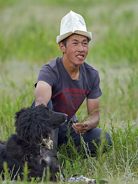 Hunting dog (Taigan) before the competition. Folk Festival commemorating the origin myth the Tien Shan Maral (Tian Shan wapiti), an origin myth of the Kyrgyz tribes. Near Tasch Baschat, Naryn region. Asia, Central Aisa, Kyrgyzstan