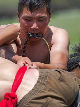 Er Enish oder Oodarysh, wrestling on horseback, a traditional equestrian sport. Folk Festival commemorating the origin myth the Tien Shan Maral (Tian Shan wapiti), an origin myth of the Kyrgyz tribes. Near Tasch Baschat, Naryn region. Asia, Central Aisa, Kyrgyzstan