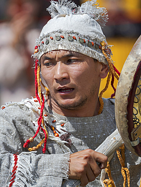 A Shaman recounting the myth. Folk Festival commemorating the origin myth the Tien Shan Maral (Tian Shan wapiti), an origin myth of the Kyrgyz tribes. Near Tasch Baschat, Naryn region. Asia, Central Aisa, Kyrgyzstan