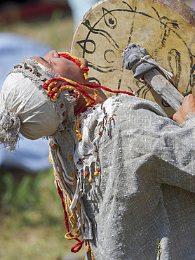 A Shaman recounting the myth. Folk Festival commemorating the origin myth the Tien Shan Maral (Tian Shan wapiti), an origin myth of the Kyrgyz tribes. Near Tasch Baschat, Naryn region. Asia, Central Aisa, Kyrgyzstan