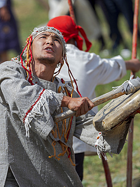 A Shaman recounting the myth. Folk Festival commemorating the origin myth the Tien Shan Maral (Tian Shan wapiti), an origin myth of the Kyrgyz tribes. Near Tasch Baschat, Naryn region. Asia, Central Aisa, Kyrgyzstan