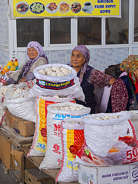 Kurut (Kaschk), dried Joghurt, a typical dairy product. The traditional Bazaar, City Uzgen (Oesgoen, Usgen) close to the border to Uzbekistan. Asia, central Asia, Kyrgyzstan