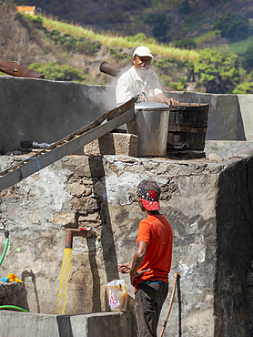 Distillery for Grogue, the local and iconic liquor produced from sugarcane. Valley Ribeira do Paul on the island Santo Antao, Cape Verde in the equatorial atlantic. April