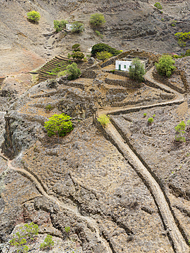 Traditional farm in valley towards Ribeira da Cruz. Island Santo Antao, Cape Verde in the equatorial atlantic. April