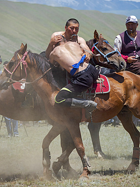 Er Enish or Oodarysh, wrestling from horseback, a traditional equestrian sport. Folk and Sport festival on the Suusamyr plain commemorating Mr Koshomkul, a sportsman and folk hero of the last century. Asia, central Asia, Kyrgyzstan