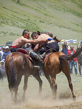 Er Enish or Oodarysh, wrestling from horseback, a traditional equestrian sport. Folk and Sport festival on the Suusamyr plain commemorating Mr Koshomkul, a sportsman and folk hero of the last century. Asia, central Asia, Kyrgyzstan