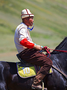 The referee. Er Enish or Oodarysh, wrestling from horseback, a traditional equestrian sport. Folk and Sport festival on the Suusamyr plain commemorating Mr Koshomkul, a sportsman and folk hero of the last century. Asia, central Asia, Kyrgyzstan