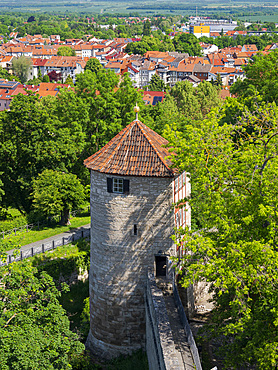 Tower of the old town wall. The medieval town Muehlhausen in Thuringia. Europe, Central Europe, Germany