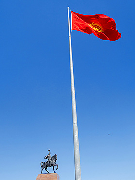 Monument of the national hero Manas "Aykol Manas" by Bazarbai Sydykov. Ala Too square in the city center. The capital Bishkek located in the foothills of Tien Shan. Asia, Central asia, Kyrgyzstan