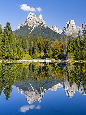 Lago Welsperg. Valle del Canali in the mountain range Pale di San Martino, part of UNESCO world heritage Dolomites, in the dolomites of the Primiero. Europe, Central Europe, Italy