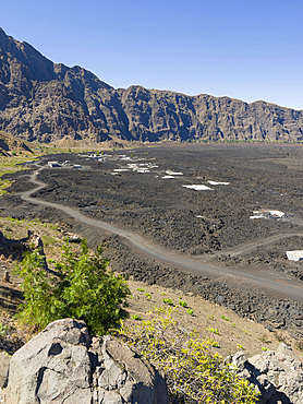 Villages Portela und Bangaeira in the Cha das Caldeiras, destroyed by a lavaflow in 2014/2015. Stratovolcano mount Pico do Fogo. Fogo Island (Ilha do Fogo), part of Cape Verde in the central atlantic.