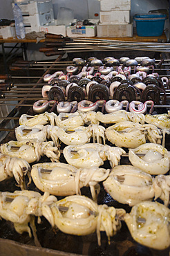 cuttlefish and eels on the spit, typical Sardinia recipe, Campidano, Sardinia, Italy, Europe