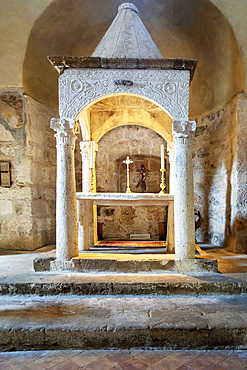 Church of Santa Maria from the XII century, Interior, Ciborium of the IX century, Early Romanesque art, Sovana, Tuscany, Italy, Europe