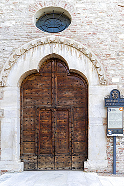 Via Cesare Battisti street, Facade Church Oratory of Charity, Fabriano, Marche, Italy, Europe