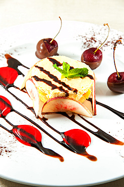 Semifreddo dessert with peach sauce, parfaiy chocolate and cherries, Chef, Gianni, Di Rutigliano, Intercontinental, De La Ville, Roma, Lazio, Italy, Europe