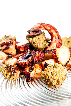 Grilled octopus, with fried broccoli alla romana, Rome, Lazio, Italy, Europe