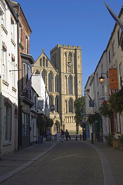 Ripon Cathedral from the pedestrian precinct, Ripon, North Yorkshire, England, United Kingdom, Europe