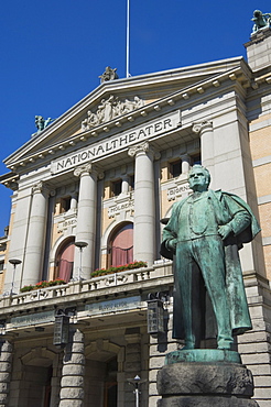 The statue of Bjornson, playwright, outside the National Theatre, Oslo, Norway, Scandinavia, Europe