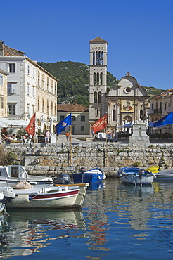 St. Stephen's Cathedral from the old harbour in the medieval City of Hvar, island of Hvar, Dalmatia, Croatia, Europe