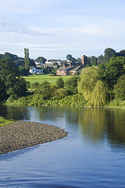 View across the River Eden to Lazonby village, Eden Valley, Cumbria, England, United Kingdom, Europe