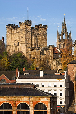 The 12th century Norman Castle Keep, and the Lantern of the Cathedral Church of St. Nicholas, Newcastle upon Tyne, Tyne and Wear, England, United Kingdom, Europe