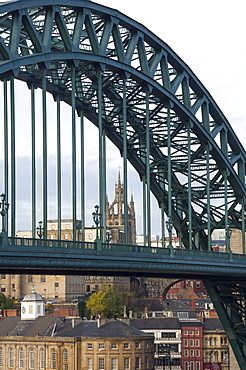 Lantern of the Cathedral Church of St. Nicholas, through the Tyne Bridge, Newcastle upon Tyne, Tyne and Wear, England, United Kingdom, Europe