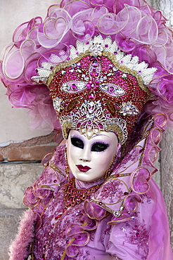 Lady in a pink dress and bejewelled hat, Venice Carnival, Venice, Veneto, Italy, Europe