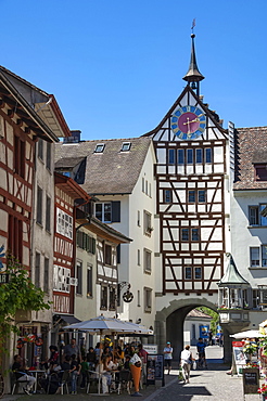 Traditional architecture, mural, Gate Tower and clock, Street scene, Stein am Rhein, Schaffhausen, Switzerland, Europe