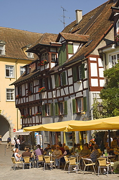 Pavement cafe in main square, traditional architecture, Meersberg, Baden-Wurttemberg, Lake Constance, Germany, Europe