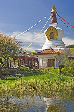 The Stupa from the Peace Garden, Kagyu Samye Ling Monastery and Tibetan Centre, Eskdalemuir, Dumfries and Galloway, Scotland, United Kingdom, Europe