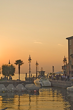 Evening light, harbour entrance, Lazise, Lake Garda, Veneto, Italian Lakes, Italy, Europe