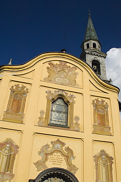 Detail of the frescoes on the facade of the church in Pinzolo, Trentino-Alto Adige, Italy, Europe