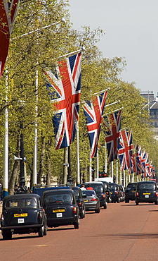 Black cabs along the Mall, London, England, United Kingdom, Europe