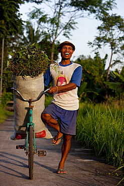 Farmer beside rice field, Kerobokan, Bali, Indonesia, Southeast Asia, Asia