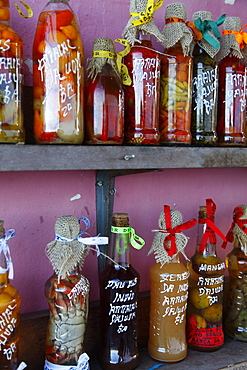 Colourful preserved fruits vegetables and chilli peppers souvenirs, Arraial d'Ajuda, Bahia, Brazil, South America 