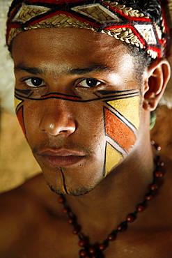 Portrait of a Pataxo Indian man at the Reserva Indigena da Jaqueira near Porto Seguro, Bahia, Brazil, South America